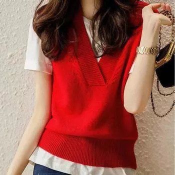 Женские жилеты свитера 2025 без рукавов весна V-образный вырез повседневный вязаный жилет свитер женские топы JJ148 One Size красный
