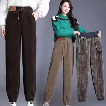 Женские зимне-осенние брюки с толстыми плюшевыми шнурками и эластичными карманами на талии, термостойкие, морозостойкие, чистый цвет, свободные женские повседневные гаремы S темно-серого