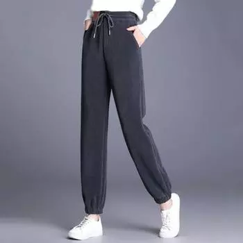 Женские зимне-осенние брюки с толстыми плюшевыми шнурками и эластичными карманами на талии, термостойкие, морозостойкие, чистый цвет, свободные женские повседневные гаремы 3XL темные хаки