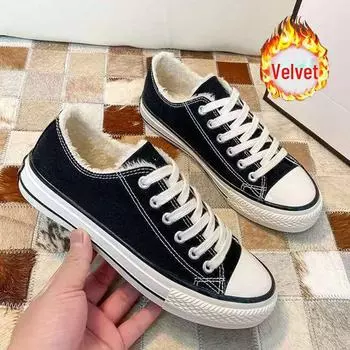 Женские зимние бархатные низкие парусиновые туфли 2024 года: Теплые, стильные универсальные кроссовки для студентов low top, 38 чёрный