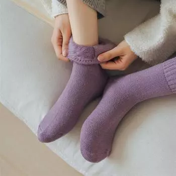 Женские зимние бархатные носки средней длины, толстые плюшевые теплые однотонные носки-тапочки белый