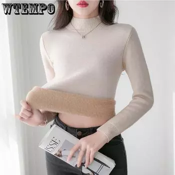 Женские зимние бархатные теплые свитера, однотонные повседневные джемперы на флисовой подкладке, корейские тонкие толстые вязаные пуловеры с полувысо... S белый