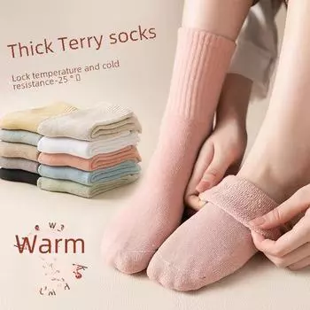 Женские зимние бархатные толстые теплые махровые носки-тапочки, однотонные, средней длины, осень/зима One Size чёрный