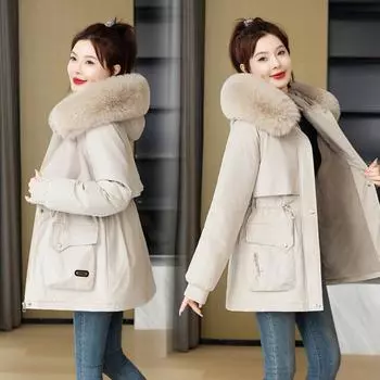 Женские зимние бархатные утепленные пуховики, большие карманы, свободные куртки, куртки с поясом. M чёрный