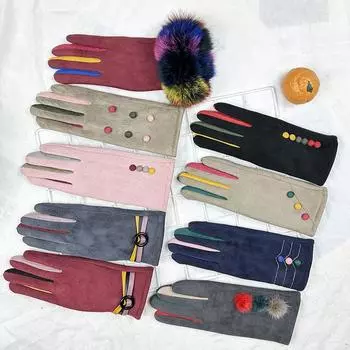 Женские зимние бархатные утолщенные замшевые перчатки для верховой езды с тремя пуговицами контрастного цвета и сенсорным экраном