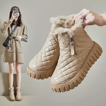 Женские зимние бархатные высокие зимние ботинки 2024 года: Теплые, повседневные, на толстой подошве, в корейском стиле (XQ285) 36 бежевый