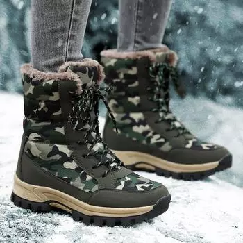 Женские зимние бархатные зимние ботинки, повседневные замшевые, на шнуровке, теплые, высокие, хлопковые, большие, с толстой подошвой, камуфляжные ботинки 36 зелёный