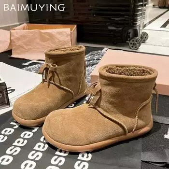 Женские зимние ботильоны Bow Ankle Bootas Suede Short Plush Designer Flats Cotton Shoes 2025 Trend Walking Warm Casual Wonter Botas De Mujer 35 хаки