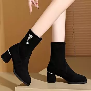 Женские зимние ботильоны из замши на среднем каблуке, дизайнерские классические ботинки челси, зимние 2024, новые трендовые гладиаторские ботинки 34