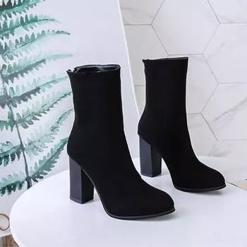 Женские зимние ботильоны на каблуке, модные, с острым носком, на молнии, женские повседневные ботинки «Челси», мягкие кожаные короткие ботинки 35 чёрный