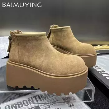Женские зимние ботильоны на платформе из замши на высоком каблуке, зимняя обувь 2025 года, модные короткие плюшевые теплые новые женские ботинки 35 коричневый