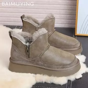 Женские зимние ботильоны на платформе, кожаные короткие плюшевые туфли на плоской подошве, повседневная обувь 2025 года, дизайнерские теплые, уютные, зимние, новые, женские ботинки 35