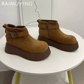 Женские зимние ботильоны на платформе, замшевые короткие, плюшевые, на среднем каблуке, хлопковые туфли, тренд 2025 года, теплые, удобные, с пряжкой, зимние дизайнерские ботинки Mujer 35
