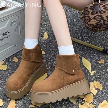 Женские зимние ботильоны на платформе, замшевые короткие плюшевые хлопковые туфли на плоской подошве, тренд 2025 года, теплые, повседневные, удобные, нескользящие, зимние ботинки для женщин 35