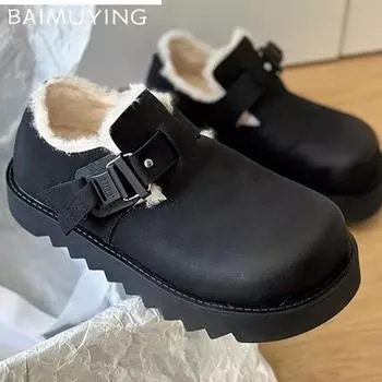 Женские зимние ботильоны на плоской подошве, короткие, плюшевые, с пряжкой, повседневные, хлопковые, трендовые, зимние, дизайнерские, теплые, удобные, для ходьбы, Botas De Mujer 35 чёрный