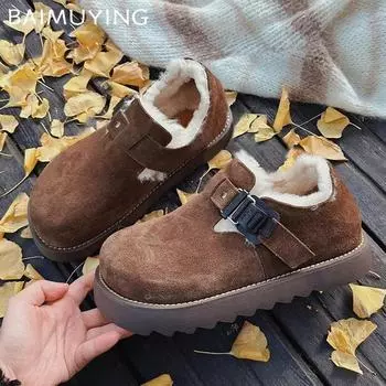Женские зимние ботильоны на плоской подошве, короткие, плюшевые, с пряжкой, повседневные, хлопковые, трендовые, зимние, дизайнерские, теплые, удобные, для ходьбы, Botas De Mujer 35 чёрный