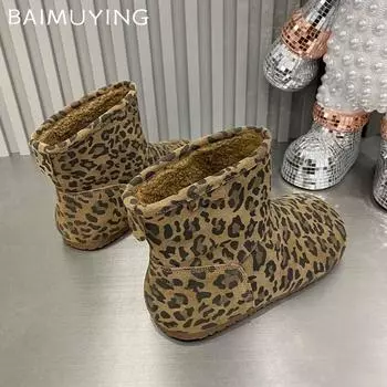 Женские зимние ботильоны на плоской подошве из леопардовой замши с короткими плюшевыми зимними хлопковыми ботинками 2025 года, дизайнерские теплые повседневные удобные ботинки для женщин 36