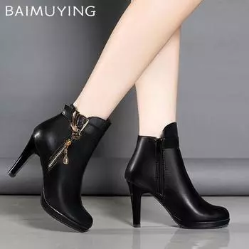 Женские зимние ботильоны на высоком каблуке с кристаллами, пикантные туфли с острым носком, дизайнерские кожаные туфли-лодочки, зимние трендовые туфли-лодочки Fad Botas Mujer 35