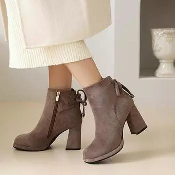 Женские зимние ботильоны на высоком каблуке с бантом из замши в стиле ретро, дизайнерские массивные зимние классические ботинки 2024 года, трендовые готические ботинки De Mujer 35 чёрный