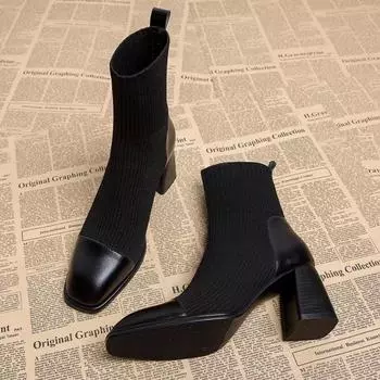 Женские зимние ботильоны на высоком каблуке, дизайнерские туфли с квадратным носком, модные вязаные носки, зимние тренды 2024 года, готические сапоги Zapatillas Mujer 34 чёрный