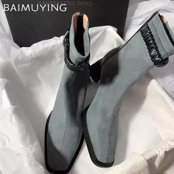 Женские зимние ботильоны на высоком каблуке, замшевые туфли с острым носком, массивные дизайнерские ботинки челси, тренд 2024 года, зимние готические ботинки Botas De Mujer 35 чёрный