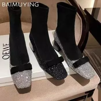 Женские зимние ботильоны с квадратным носком, модные замшевые ботинки на среднем каблуке, массивная обувь, тренд 2024 года, дизайнерские ботинки Botas Mujer 35 чёрный