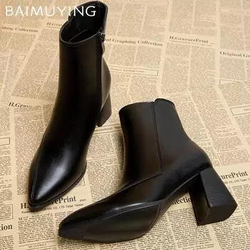 Женские зимние ботильоны с острым носком на высоком каблуке, обувь в стиле ретро, массивные кожаные ботинки челси, трендовые зимние туфли-лодочки Botas De Mujer 35