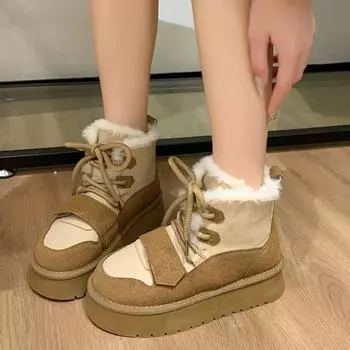 Женские зимние ботинки 2024 года, хит продаж, стиль, повседневный, со шнуровкой, женские ботильоны на толстой подошве, плюшевые, теплые, классические зимние ботинки Mujer 35 чёрный