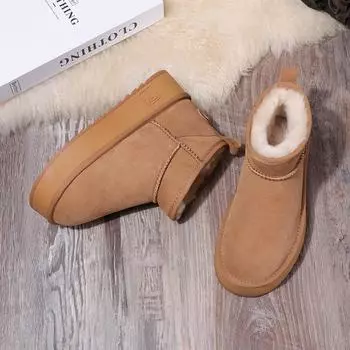 Женские зимние ботинки 2024 года из натуральной овчины с толстой подошвой - короткий ствол, теплая хлопковая подкладка 34 хаки