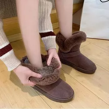 Женские зимние ботинки 2024 года, модные короткие плюшевые ботинки на плоской подошве, нескользящие, с толстой подошвой, теплые, с пряжкой на ремне, с защитой от холода 36 серый
