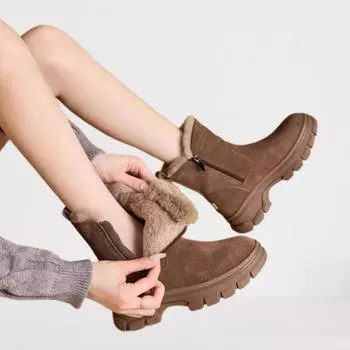 Женские зимние ботинки 2024 года, осень/зима, новые однотонные плюшевые зимние ботинки на молнии с толстой подошвой, нескользящие, теплые, устойчивые к холоду, хлопковые ботинки 35 чёрный