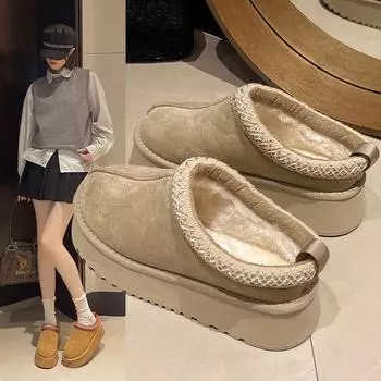 Женские зимние ботинки 2024 года, зимние классические ботинки в стиле ретро, женские уличные нескользящие ботинки на толстой подошве, удобные плоские ботинки 35 бежевый