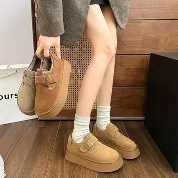 Женские зимние ботинки без застежек на толстой подошве с бархатной теплой хлопковой отделкой 35 коричневый