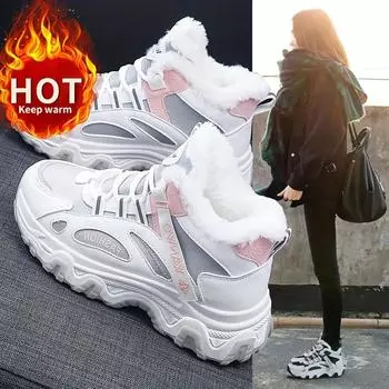 Женские зимние ботинки больших размеров, кроссовки с толстой подошвой на платформе, повседневные туфли на шнуровке 35 чёрный