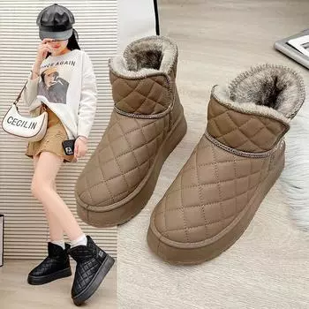 Женские зимние ботинки больших размеров, повседневные, короткие, из бисквита, на толстом каблуке, из бархата и меха, из хлопка, Lingge Shoes 36-41 36 чёрный