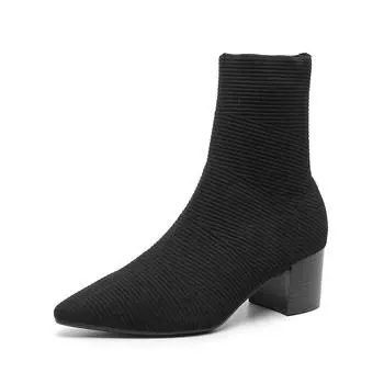 Женские зимние ботинки большого размера с острым носком на высоком каблуке, весенние повседневные ботинки средней длины с толстой подошвой, эластичные вязаные ботинки Martin, носки, обувь 34-43 34 чёрный