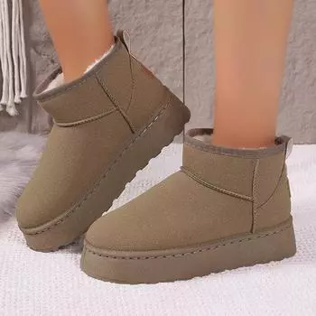 Женские зимние ботинки большого размера с круглым носком и толстой подошвой, повседневные короткие ботинки из бархата и меха, теплые хлопковые ботинки, однотонные, размеры 36-41 36 хаки