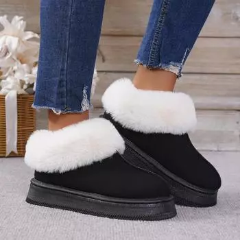 Женские зимние ботинки большого размера с круглым носком и толстой подошвой, повседневные короткие ботинки из меха и бархата, теплые хлопковые ботинки, однотонные, 36-42 36 чёрный
