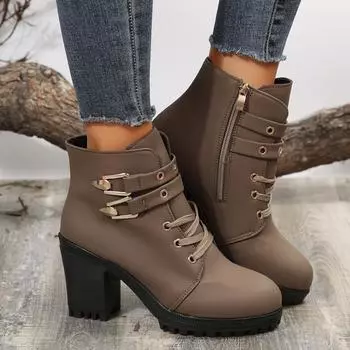 Женские зимние ботинки, ботильоны на массивном высоком каблуке со шнуровкой, женская обувь на платформе с пряжкой 36 чёрный