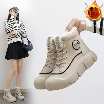 Женские зимние ботинки, ботильоны на толстой платформе со шнуровкой и подкладкой из искусственного меха, зимние теплые короткие ботинки, высокие кроссовки для ходьбы для женщин 35 чёрный