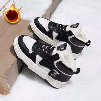 Женские зимние ботинки, ботильоны на толстой платформе со шнуровкой и подкладкой из искусственного меха, зимние теплые короткие ботинки, высокие кроссовки для ходьбы для женщин 35 чёрный