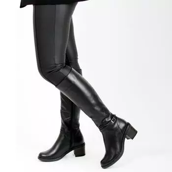 Женские зимние ботинки - Ботинки Черный Натуральная кожа Повседневные Повседневные Стильный дизайн Ремень до щиколотки - Воротник на молнии Эластичный Зима Сезон 2022