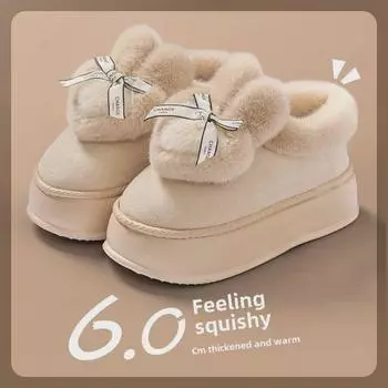 Женские зимние ботинки Bowknot на толстой подошве 2024 года: Увеличивающая рост, теплая, с бархатной подкладкой, меховая обувь для улицы на осень и зиму. 36-37