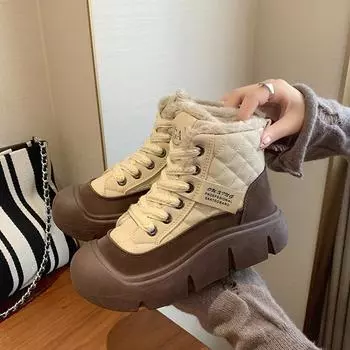 Женские зимние ботинки для снега, ботильоны на толстой платформе, со шнуровкой и подкладкой из искусственного меха, нескользящие высокие кроссовки с флисовой подкладкой, теплая обувь для ходьбы 35 бежевый