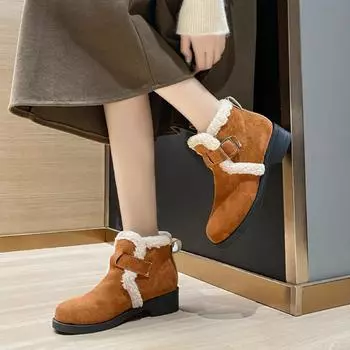 Женские зимние ботинки для снега, нескользящие, теплые, хлопковые, женские ботильоны, квадратный каблук 3 см, плюш, большой размер 35 бежевый