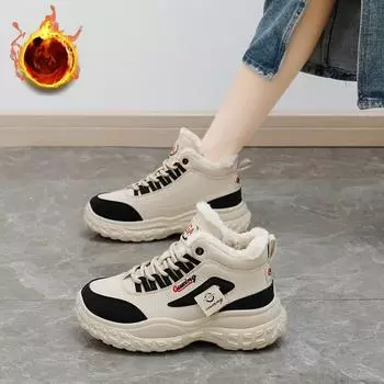 Женские зимние ботинки для снега, нескользящие, со шнуровкой, ботильоны, теплые, из искусственной кожи, на толстой платформе, женские, с подкладкой из искусственного меха, короткие ботинки для ходьбы 35 чёрный