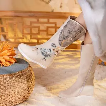 Женские зимние ботинки для снега с боковой молнией, теплые, нескользящие, высокие, с вышивкой, с подкладкой из искусственного меха, ботинки для ходьбы до середины голени, женская обувь 35