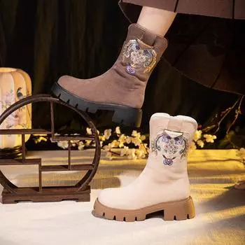 Женские зимние ботинки для снега с застежкой-молнией, теплые, нескользящие, на низком толстом каблуке, с вышивкой, ботинки для ходьбы с подкладкой из искусственного меха, армейские ботинки для женщин 35