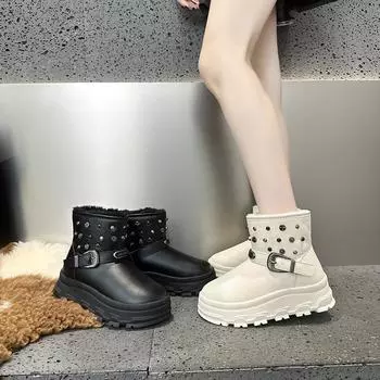 Женские зимние ботинки из белой кожи 2024 года с толстой подошвой и плюшевой подкладкой 39 чёрный