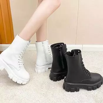 Женские зимние ботинки из искусственной кожи большого размера с круглым носком, повседневные, средней высоты, на толстой подошве, ботинки Martin, рыцарские туфли 35-42 35 белый